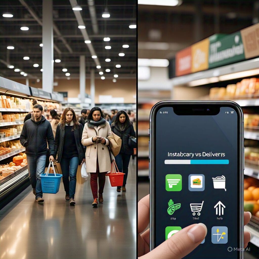 A split-screen graphic showing a bustling supermarket vs. a smartphone with delivery apps.